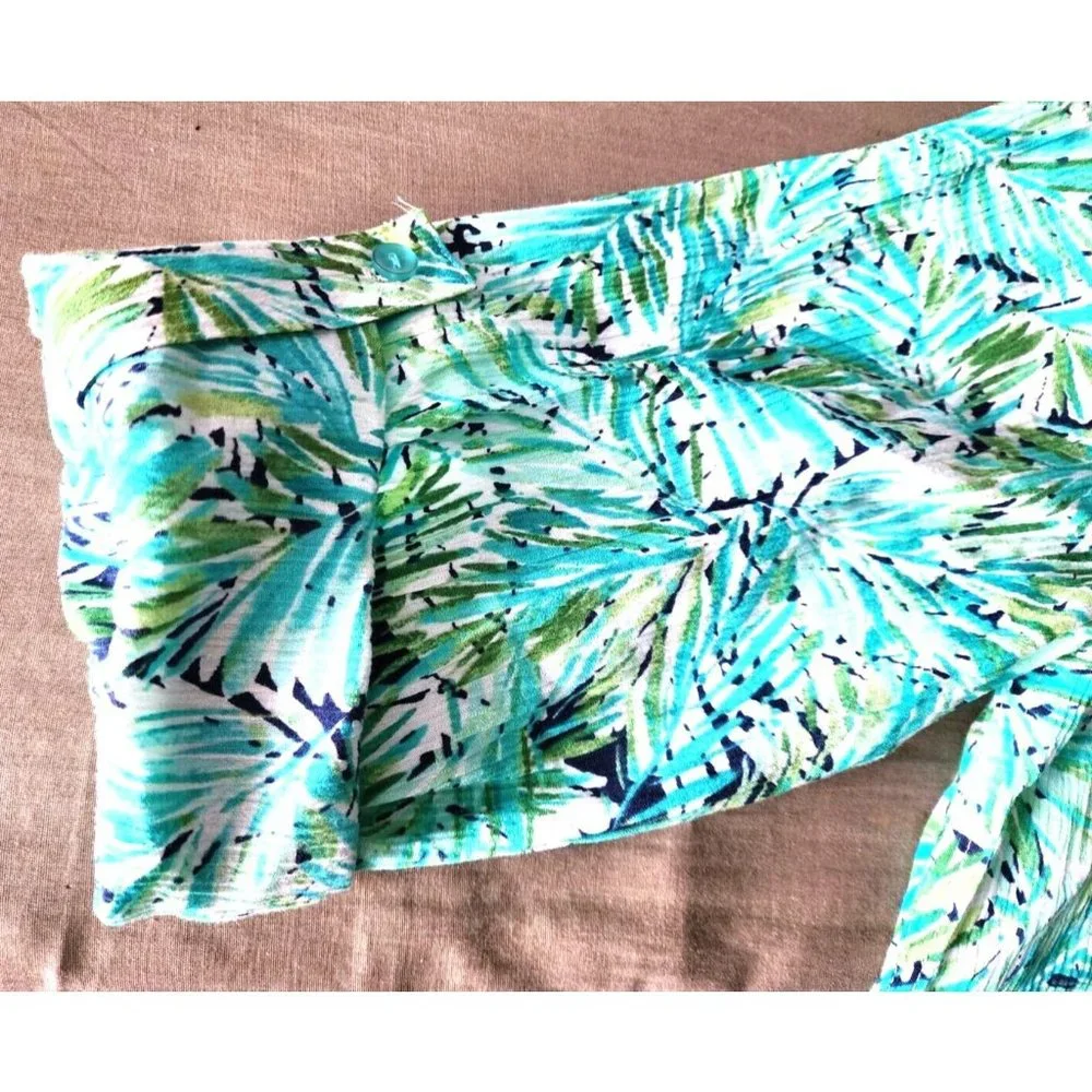 Appleseeds Petites PXL Floral Button Cuff Green Women Full Button Shirt - Picture 14 of 16